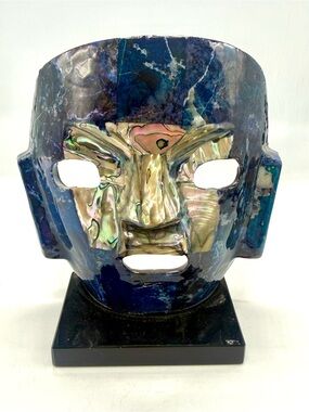VTG Aztec Death Mask Sculpture Blue Jasper Gem & Abalone, Handmade On Stone Base